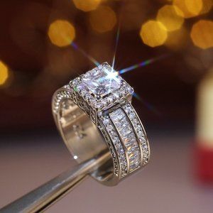 🎀 Three Layer Full Zircon Square Anillos Princess Cut Rings for Women, PD194